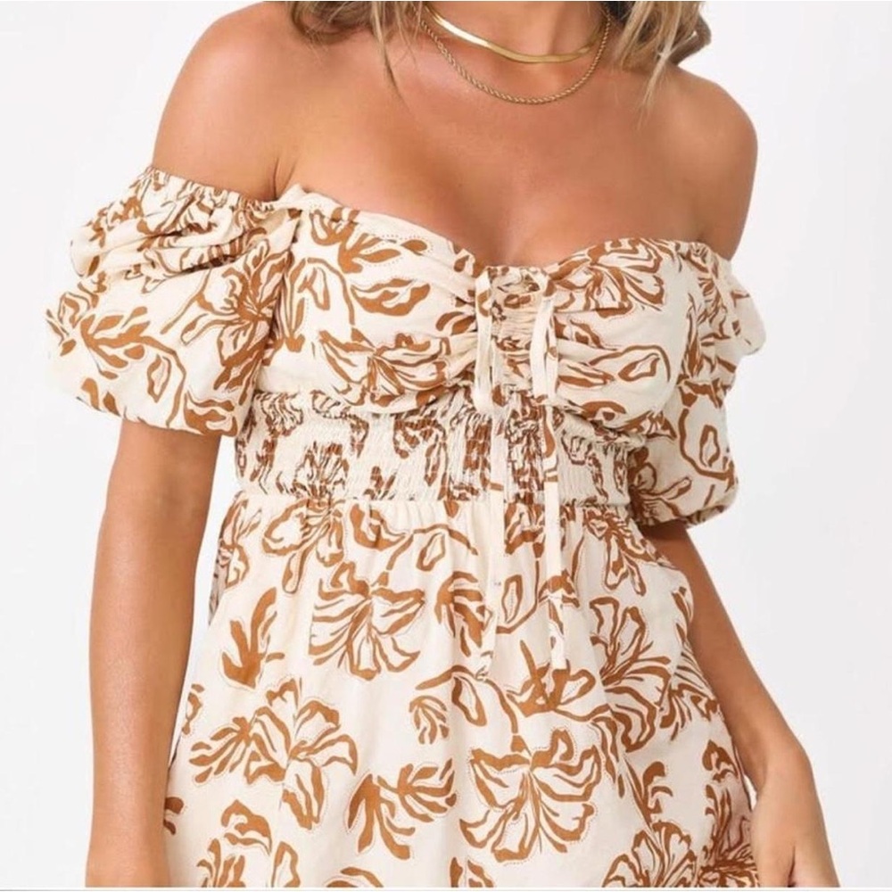 Kittenish Brown Mini Beige Brown Floral Off-Shoulder Dress | Size M